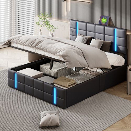 Lit Double Rembourré 160 X 200 Cm, Avec LED, Cadre De Lit Avec Cadre Et Sommier à Lattes, Pu, Noir