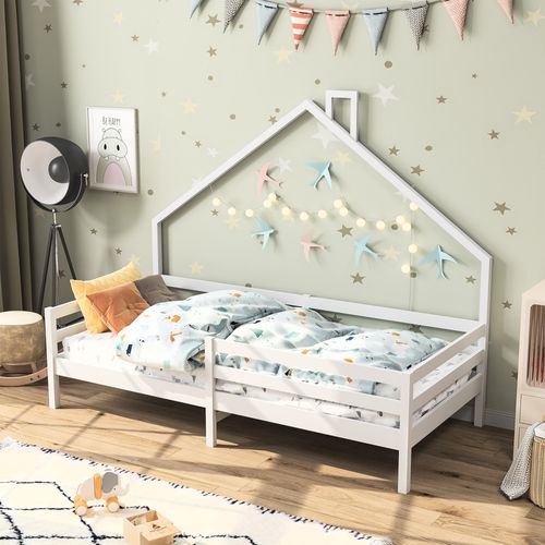 Lit De Sol 90 X 200 Cm, Avec Protection Anti-chute, Sommier à Lattes, Blanc