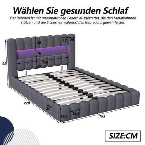 Lit Rembourré 180x200 Cm Avec LED Et Point De Charge USB, Avec Fonction Et Sommier à Lattes,lin,gris