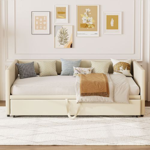 Canapé-lit 90/180 X 200 Cm, Lit De Jour Extensible Avec Sommier à Lattes, Canapé 2 Places, Beige