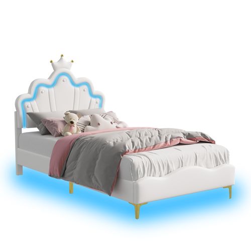 Lit Rembourré Pour Enfant 90 X 200 Cm Avec LED, Lit De Princesse Couronne, En Polyuréthane, Blanc