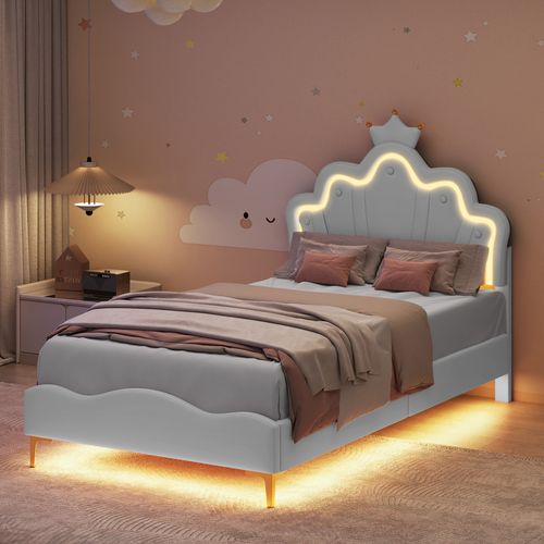 Lit Rembourré Pour Enfant 90 X 200 Cm Avec LED, Lit De Princesse Couronne, En Polyuréthane, Blanc