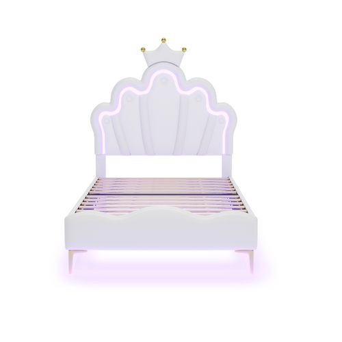 Lit Rembourré Pour Enfant 90 X 200 Cm Avec LED, Lit De Princesse Couronne, En Polyuréthane, Blanc