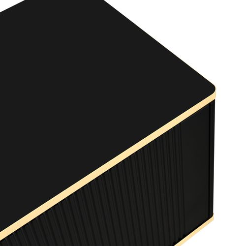 Meuble TV Moderne Avec Texture Sculptée, Poignées Et Pieds Dorés, Structure En Marbre, Noir Et Doré