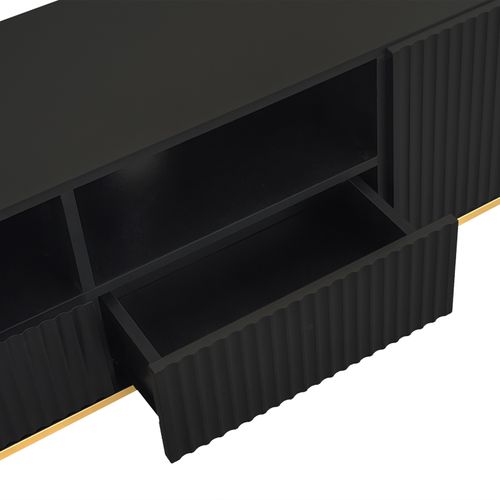 Meuble TV Bas Avec 2 Tiroirs Et 2 Portes, Rangement Avec Des Pieds Et Un Bord Dorés, Banc TV Noir