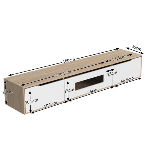 Meuble TV Suspendu Et Au Sol, Blanc Brillant Et Bois, LED Changeant De Couleur, 180x30x35cm