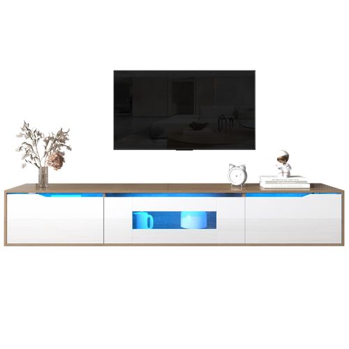 Meuble TV Suspendu Et Au Sol, Blanc Brillant Et Bois, LED Changeant De Couleur, 180x30x35cm