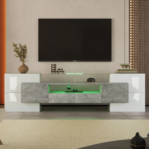 Meuble TV 200 Cm, Avec LED, Meubles De Salon, Design Moderne, Surface Élégante En Verre, Gris