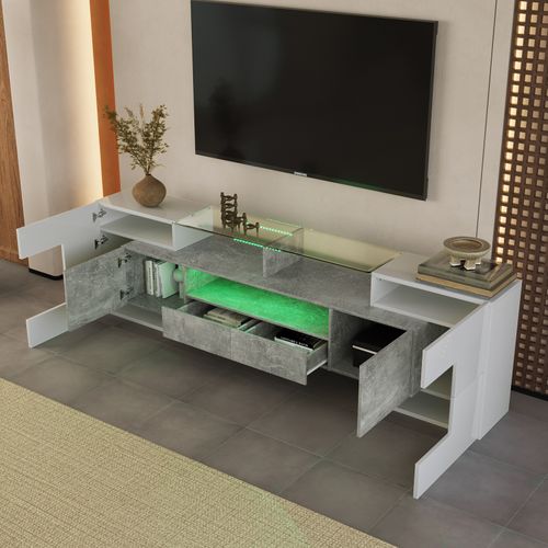 Meuble TV 200 Cm, Avec LED, Meubles De Salon, Design Moderne, Surface Élégante En Verre, Gris