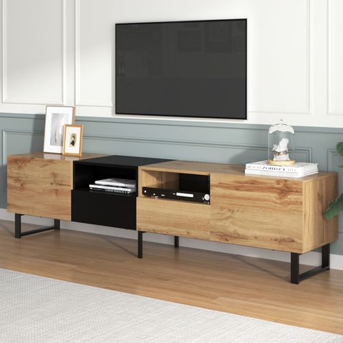 Living Meuble Salle A Manger KOMHTOM Meuble TV Blanc Et Noir Avec LED, Buffet Avec 3 Portes Et 2 étagères En Verre, Armoire Multifonction Pour Salon Et Chambre à Coucher, Noir Meuble