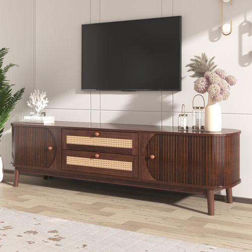 Meuble TV Bois 170cm, Massif Et Rotin, Porte Coulissantes E Tiroirs, Banc TV Avec Rangement, Marron