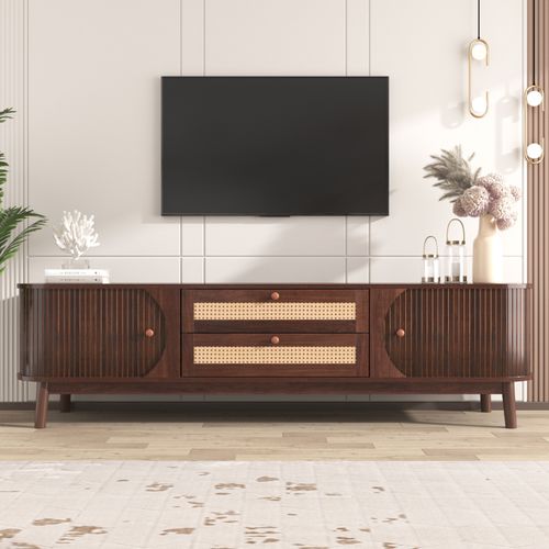 Meuble TV Bois 170cm, Massif Et Rotin, Porte Coulissantes E Tiroirs, Banc TV Avec Rangement, Marron