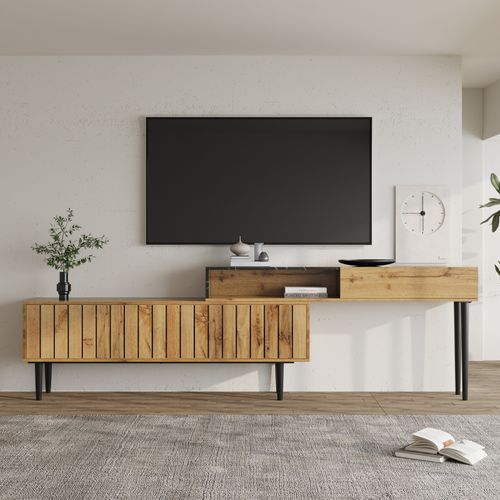 Meuble TV Longueur Réglable 130-200cm, Modèle De Marbre En Pvc, Conception En Gradins, Bois