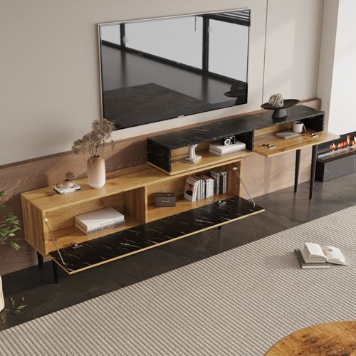 Meuble TV Longueur Réglable 130-200cm, Modèle De Marbre En Pvc, Conception En Gradins, Bois