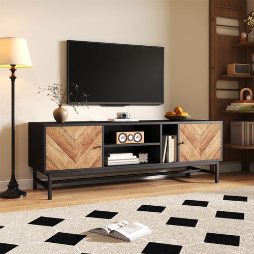 Meuble TV Avec Espace De Rangement Polyvalent Avec Pieds En Métal Solides, Noir, 150 X 38 X 55 Cm