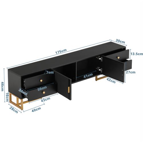 Meuble TV Bas De 175 Cm De Long Avec 4 Tiroirs Et Portes, Support TV Avec Pieds En Métal Doré, Noir