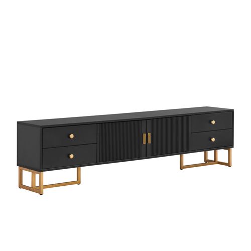 Meuble TV Bas De 175 Cm De Long Avec 4 Tiroirs Et Portes, Support TV Avec Pieds En Métal Doré, Noir