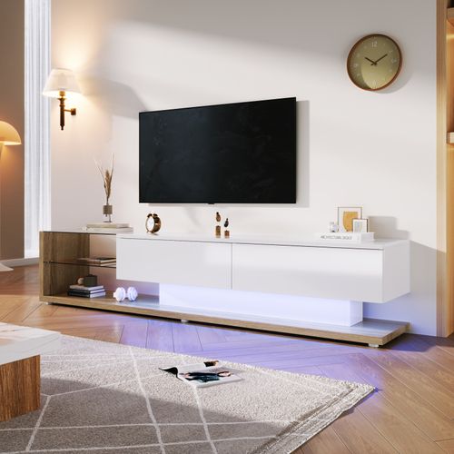 Armoire TV Blanche Avec Tiroirs, Buffet TV Avec LED Et Étagères En Verre, Meuble TV Pour Salon