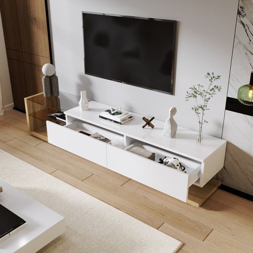 Armoire TV Blanche Avec Tiroirs, Buffet TV Avec LED Et Étagères En Verre, Meuble TV Pour Salon