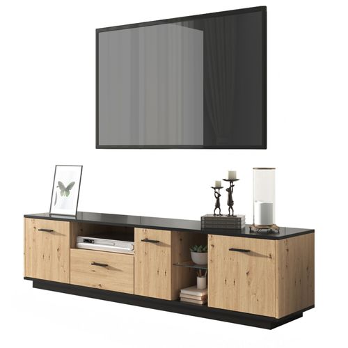 Meuble TV Moderne Avec Tiroir, Trois Portes, Deux Étagères En Verre - Naturel, 180  X 40  X 45 Cm