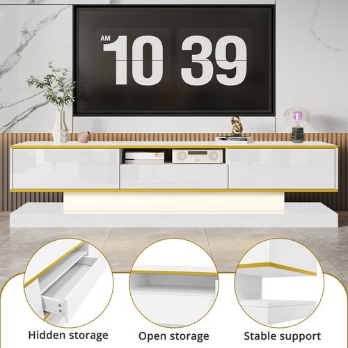 Meuble TV Moderne 180 * 38 * 45 Cm, Avec Trois Tiroirs Et Un Compartiment Ouvert, Avec LED, Blanc