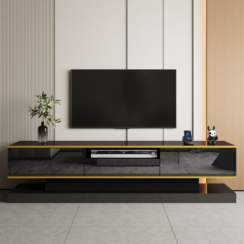 Meuble TV Moderne 180 * 38 * 45 Cm, Avec Trois Tiroirs Et Un Compartiment Ouvert, Avec LED, Noir