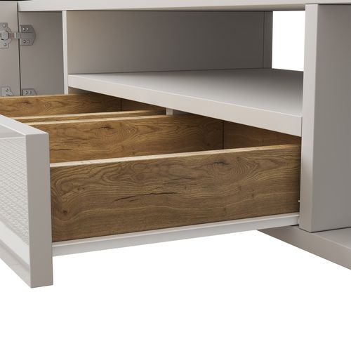 Meuble TV LED, Longueur Meuble Télé Haut Pour Salon, Avec Rangement, 150 X30x50 Cm, Blanc Et Bois