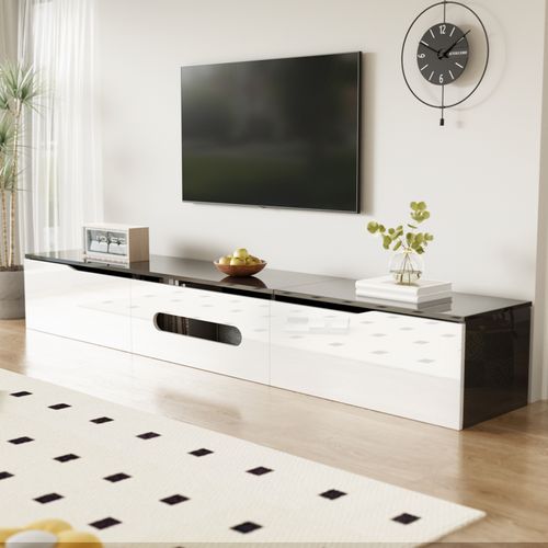Meuble TV Bas Avec LED, Avec 3 Cabinets, Suspendu Ou Au Sol, Pour Salon,180 X30x30cm, Blanc Brillant