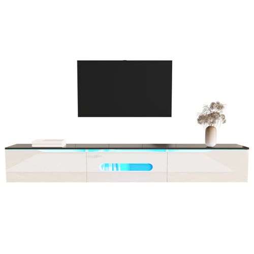 Meuble TV Bas Avec LED, Avec 3 Cabinets, Suspendu Ou Au Sol, Pour Salon,180 X30x30cm, Blanc Brillant