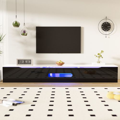 Meuble TV Bas Avec LED, Avec 3 Cabinets, Suspendu Ou Au Sol, Pour Salon,180 X30x30cm, Noir Brillant