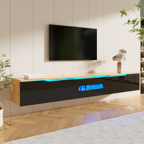 Meuble TV Avec 3 Portes Et LED, Meuble De Salon Mural Meuble TV En Bois, 180cm, Noir + Couleur Bois