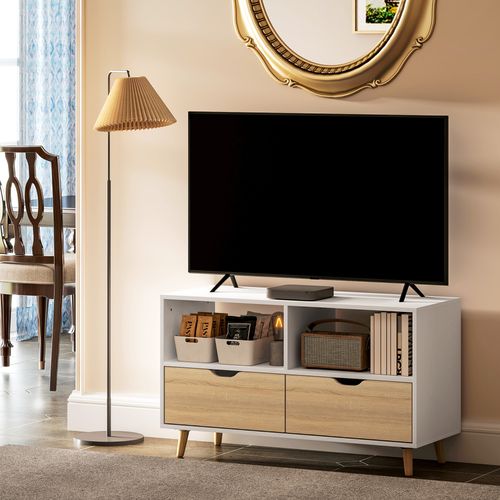 Meuble TV Lowboard Avec 2 Étagères, Tiroir, 99 Cm De Long Table TV Pour Téléviseur, Pour Salon,blanc