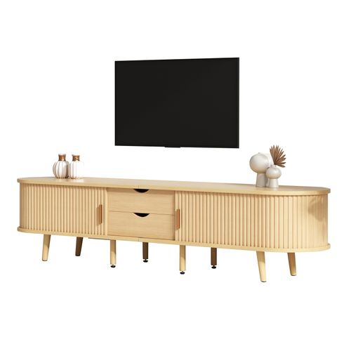 TV-schrank Salon Avec Rangement + Plateau Rond Mdf Grain De Bois, 2 Tiroirs, 175x40x42cm