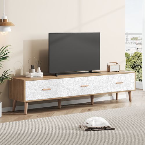 Meuble TV Bois, Meuble TV Avec 3 Tiroirs, Banc TV Longueur 150cm, Style Rétro, 150x35x39cm, Blanc