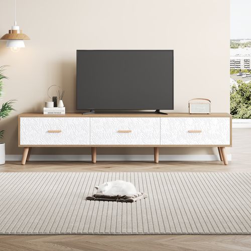 Meuble TV Bois, Meuble TV Avec 3 Tiroirs, Banc TV Longueur 150cm, Style Rétro, 150x35x39cm, Blanc