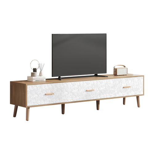 Meuble TV Bois, Meuble TV Avec 3 Tiroirs, Banc TV Longueur 150cm, Style Rétro, 150x35x39cm, Blanc