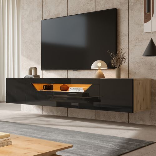 Meuble TV Avec LED - Avec Porte Pliante - Étagère Murale De 180 Cm - Pour Salon, Salle à Manger,noir