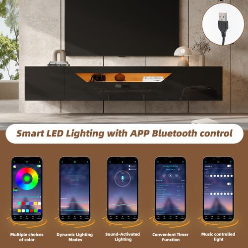 Meuble TV Avec LED - Avec Porte Pliante - Étagère Murale De 180 Cm - Pour Salon, Salle à Manger,noir