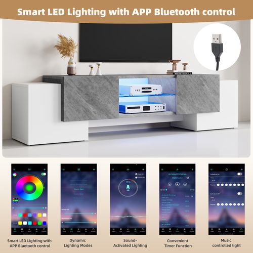 Meuble TV LED, Commode TV, Lowboard Moderne Avec Étagères En Verre, Pour Salon Und Chambre, White