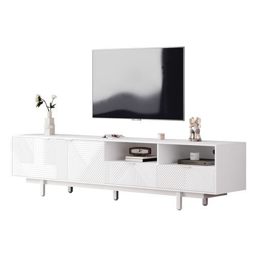 Meuble TV ,  200 X 40 X 51 Cm, Design Aux Lignes Géométriques, Avce  Espace De Rangement, Blanc
