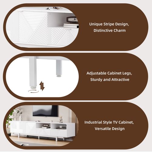 Meuble TV ,  200 X 40 X 51 Cm, Design Aux Lignes Géométriques, Avce  Espace De Rangement, Blanc