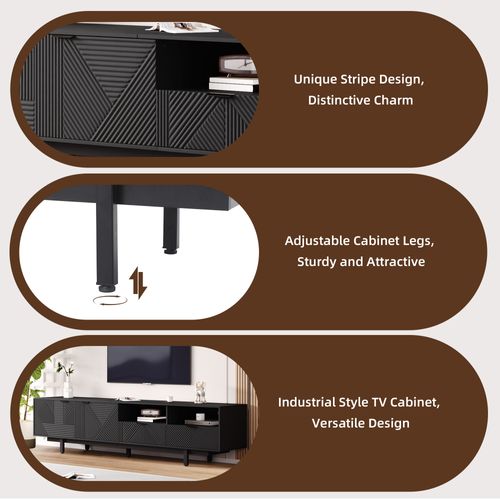 Meuble TV ,  200 X 40 X 51 Cm, Design Aux Lignes Géométriques, Avce  Espace De Rangement, Noir