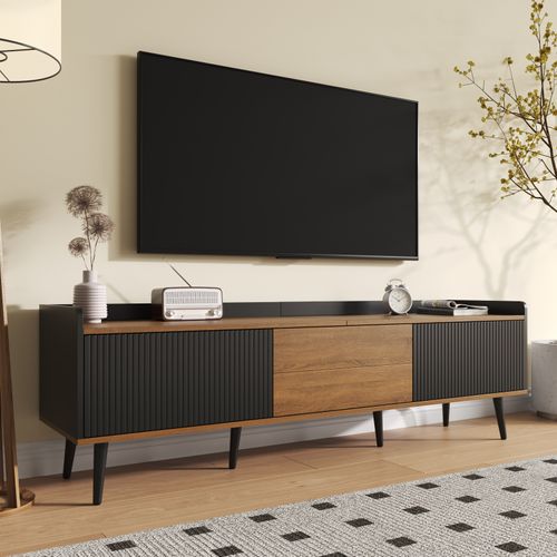Meuble TV Moderne Avec 3 Portes, Meuble Bas Finition Noire Et Bois Naturel, 160x39x49.5cm