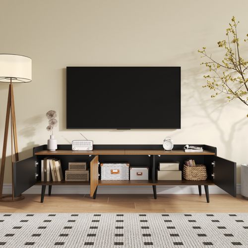 Meuble TV Moderne Avec 3 Portes, Meuble Bas Finition Noire Et Bois Naturel, 160x39x49.5cm