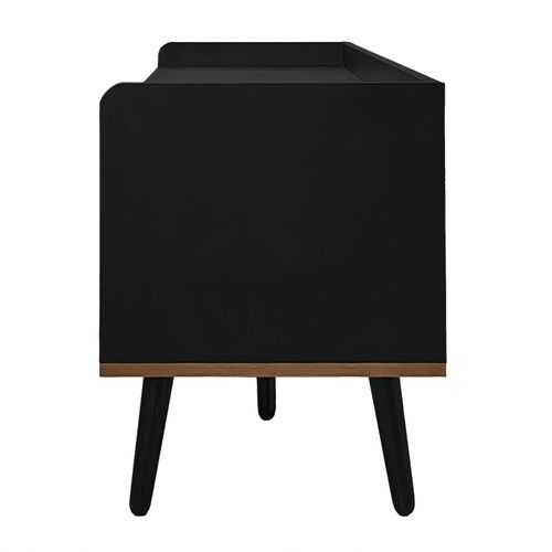 Meuble TV Moderne Avec 3 Portes, Meuble Bas Finition Noire Et Bois Naturel, 160x39x49.5cm