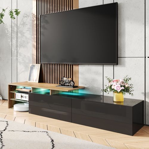 Meuble TV Moderne Avec LED, Commode Avec Rangement , Étagères En Verre, 170x33x33.5cm, Noir