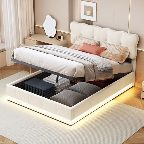 Lit Double Rembourré 140 X 190 Cm Avec LED, Tête De Lit Et Sommier à Lattes, Velours, Beige