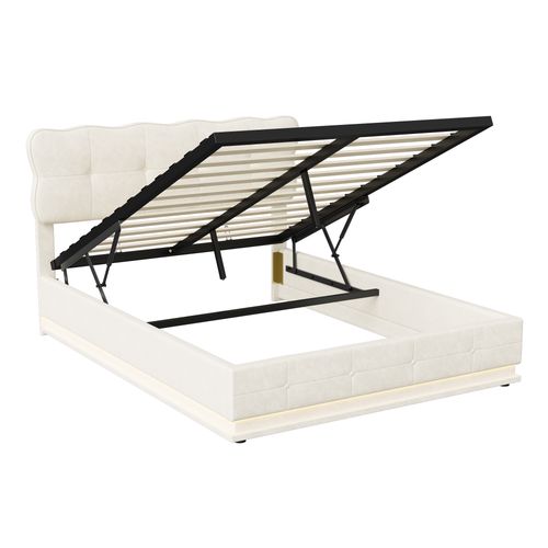 Lit Double Rembourré 140 X 190 Cm Avec LED, Tête De Lit Et Sommier à Lattes, Velours, Beige