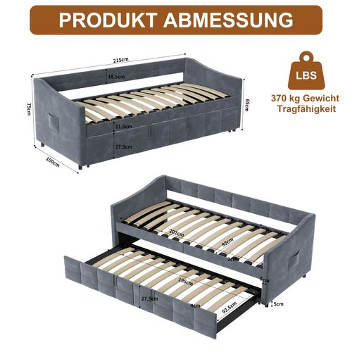 Canapé-lit Amovible En Velours Avec Poches Latérales, Canapé Moderne 2 Places, Gris, 90/180 X 200 Cm