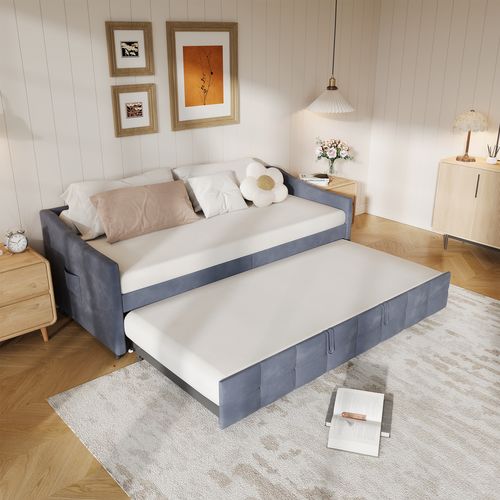 Canapé-lit Amovible En Velours Avec Poches Latérales, Canapé Moderne 2 Places, Gris, 90/180 X 200 Cm